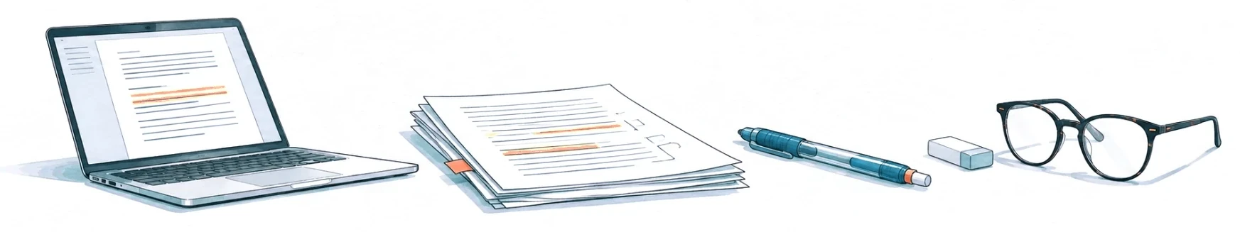 Illustration : copies de bac blanc annotées, tablette et stylo