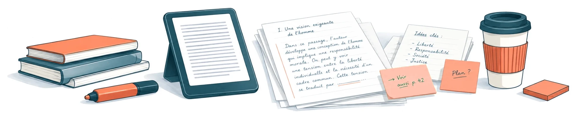 Illustration : ordinateur portable, fiches de révision et lunettes